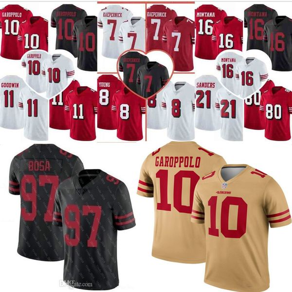 

san francisco 85 george kittle 49er football jerseys 10 jimmy garoppolo 80 jerry rice 97 nick bosa 16 joe montana 25 sherman 31 mostert 02, Black;blue
