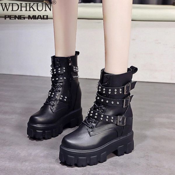 

new 2020 thick heel ankle boots lace up chunky boots women high heels autumn winter woman shoes rivet warm platform shoes, Black