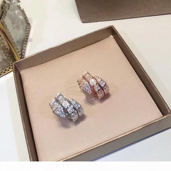 

luxury fashion brand jewelry lady brass full diamond double circles snake serpent 18k gold wedding engagement open rings 3 color, Golden;silver