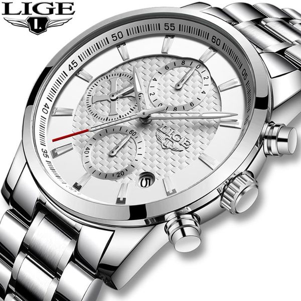 

lige mens watches fashion casual clock stainless steel sports chronograph quartz watch man relogio masculino, Slivery;brown