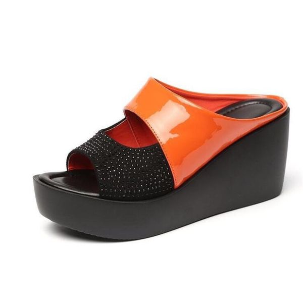 

platform wedge women's slippers 2020 summer new female sandals sequins rhinestones leather ladies slides beach slippers fashion, Black