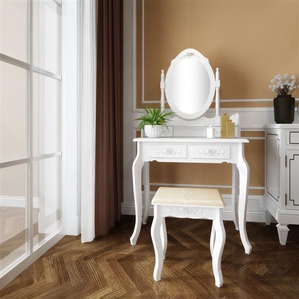

dressing table modern concise 4-drawer 360-degree rotation removable mirror dresser with dressing stool makeup table cosmetic storage table