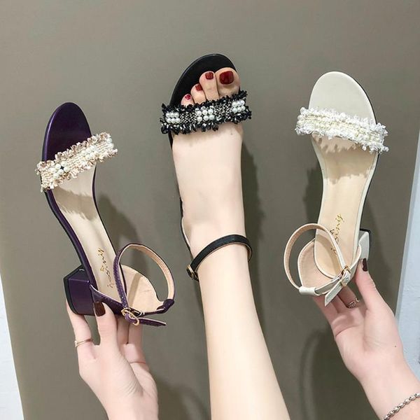 

2020 women party platform sandals women's fashion casual pearl sandals square heels ladies elegant buckle strap shoes #g3, Black