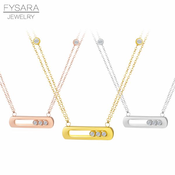 

fysara turnable slidable 3 cz zirconia crystals short necklace for women luxury love chain necklace stainless steel, Silver