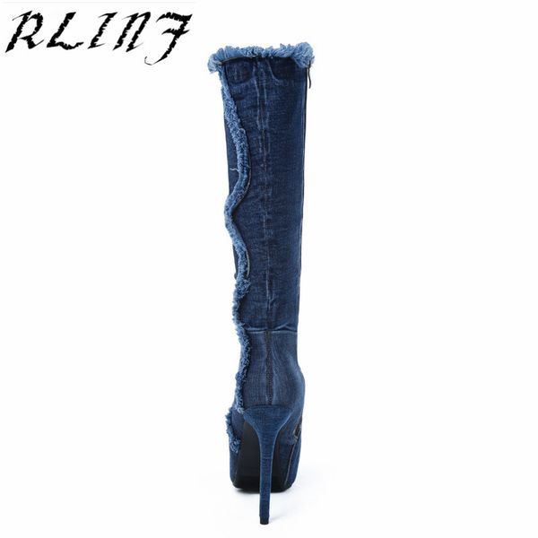 

2020 winter woman thigh high boots high heels large size denim women's boots 33-43, Black