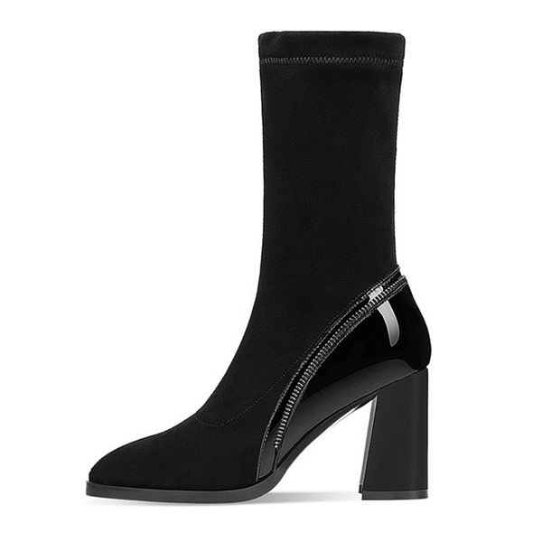 

2020 autumn and winter new shoes net celebrity fashion wild thick heel high heel stretch short boots boots women's shoes, Black