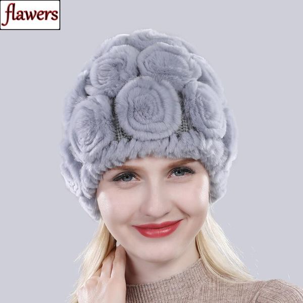 

new women good elastic flowers real rex fur hat winter knitted floral 100% natural fur hats lady fluffy genuine caps, Blue;gray