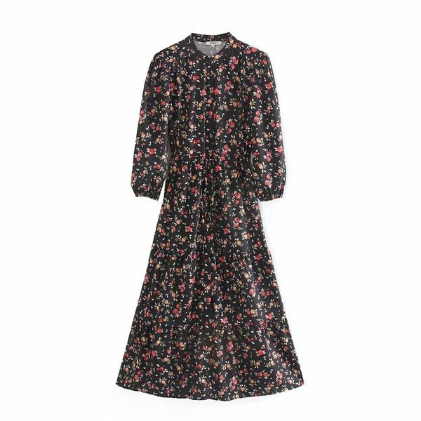

ma & go women's fall / winter 2020 round neck 7 / 4 sleeve print waist lace up long shirt dress, Black;gray