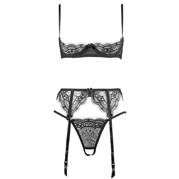 

women embroidery lace ultra thin half cup bra open crotch panty lingerie set with garters black underwire bralette sets, Red;black
