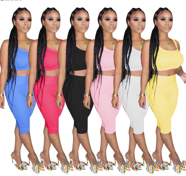 

cm.yaya sport women knitted two piece set sleeveless tank knee length jogger pants suit tracksuit matching set outfit, Gray