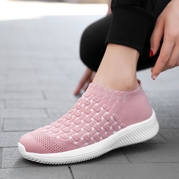 

2020 women shoes knitting sock sneakers women spring slip on flat shoes plus size loafers flats walking casual solid, Black