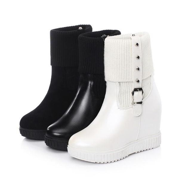 

fashion plus size white wool knitting platform wedge boots invisible height increased winter knight boots women, Black