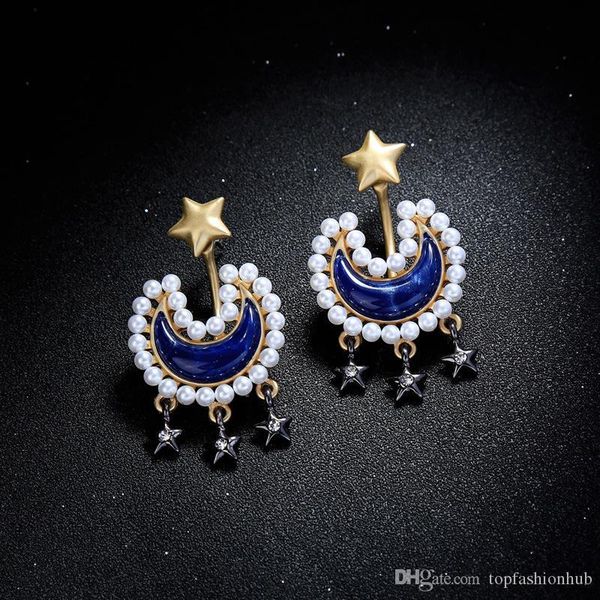 

christmas star moon pearl stud earrings temperament european and american fashion hipsters wild earrings rhinestone alloy earrings, Golden;silver