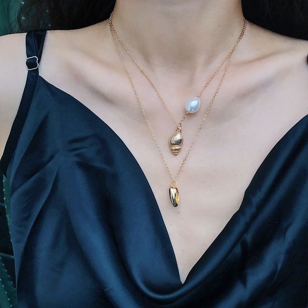 

retro gold shell pendant chain necklace women's multi-layer conch pearl pendant jewelry fashion lady party accessories gifts, Silver
