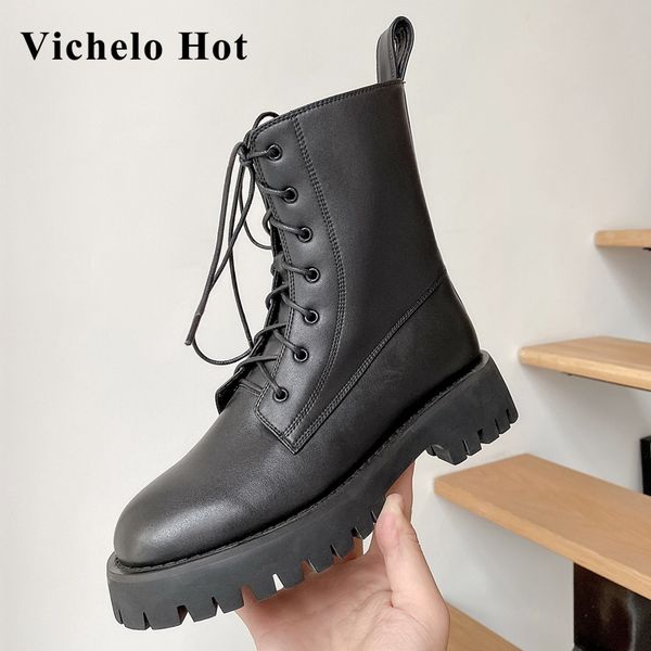 

vichelo genuine leather round toe med heel winter shoes women keep warm korean street fashion young lady mid-calf boots l01, Black