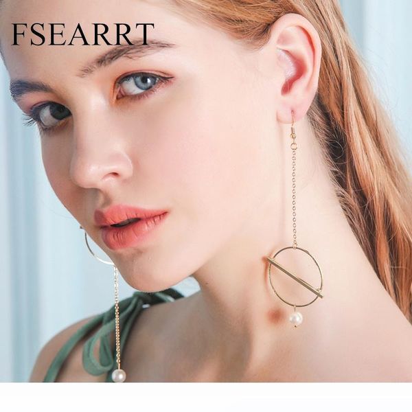 

handmade gold color chains long earrings for women simulated-pearl earrings hypoallergenic asymmetric tassel drop earings, Silver