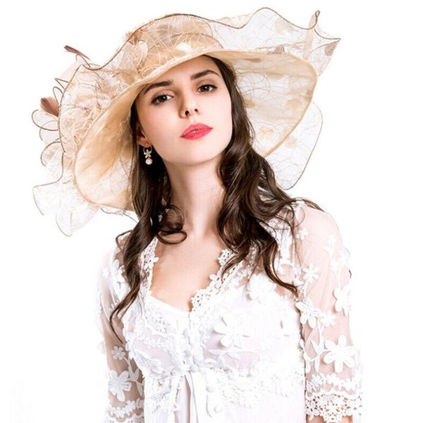 

women hats beach fashion ruffles girl spring party casual bridal cap foldable wide brim gift summer anti-uv, Blue;gray