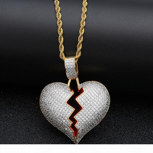 

iced out cz broken love heart pendant necklaces bling cubic zirconia gold silver charm twisted chain for women men rapper hip hop jewelry