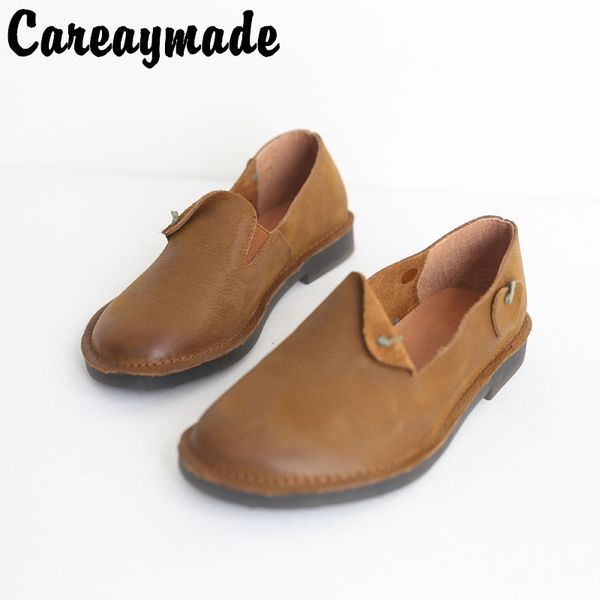

careaymade-spring new model wind retro leather handmade round head flat bottom set low heel soft bottom flat heel single shoes, Black