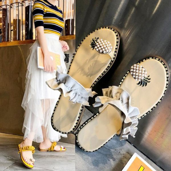 

casual beach sandals fairy non slip fashion outdoor pineapple pearl women slippers flip flops summer fruit flat heel ladies, Black