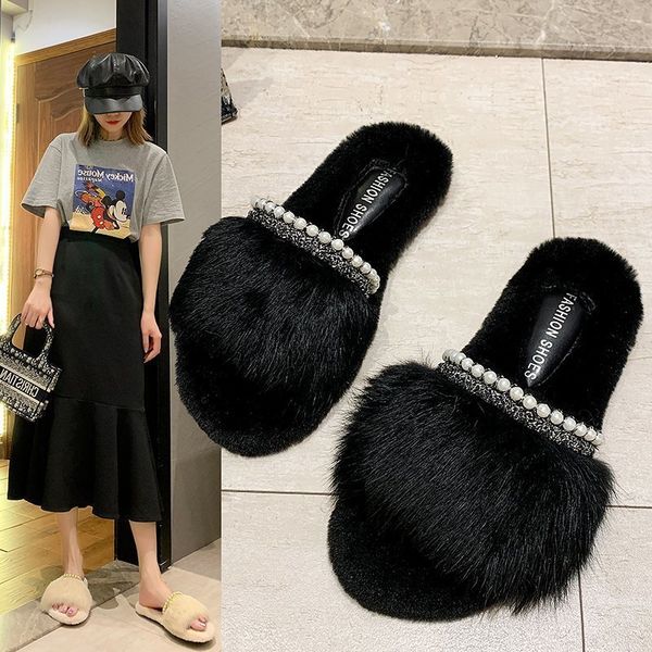 

slippers hairy women's 2021 spring and summer fashion pearl outer wear wild round head casual flat x387, Black