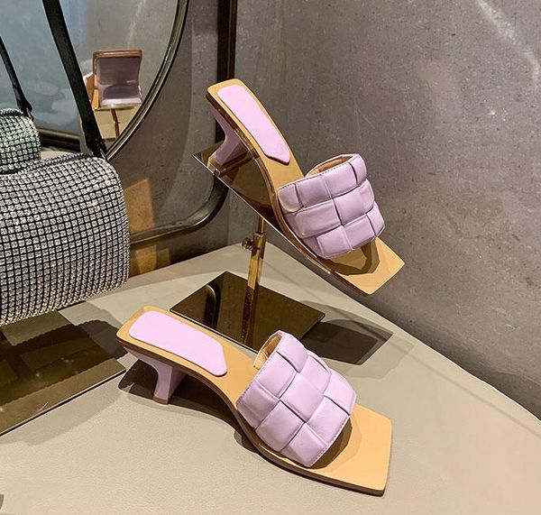 

fashion women high heel weave slippers genuine leather square toes internet celebrity outdoors slippers 5.5 cm heel for women new style, Black