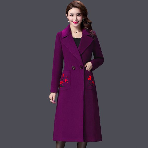 

зима осень женский костюм воротник двойной брестед бордовый фиолетовый вышивка шерсти длинные пальто, тонкий 4xl шерстяные пальто для женщин, Black