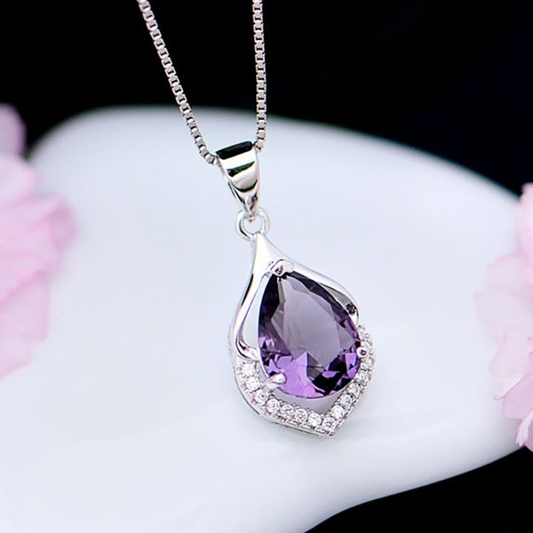 

elegant purple crystal water drop pendant necklace luxury women's wedding clavicle chain accessories fashion party jewelry gift, Silver
