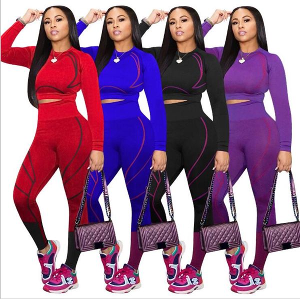 

sport women two piece set long sleeve tee high waist skinny sweatpants jogger suit tracksuit matching set outfits, Gray