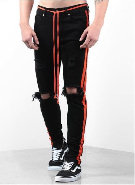 

long pencil pants pantalones men black ripped designer jeans holes designer respresent striped, Blue