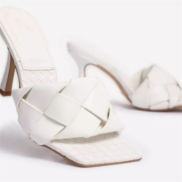 

square toe diamond woven white leather mules high heel shoes woman madame nude high heel slippers party women shoes, Black