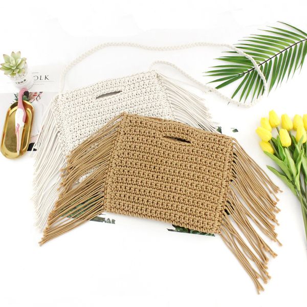 

tassels hand held handmade cotton rope hollow out woven fringe bag trend women's woven handbag straw bag for ladies