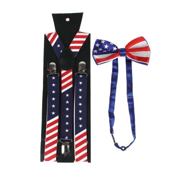

2020 new american us flag y-back suspender pre-tied bow tie set star striped print, Black;gray