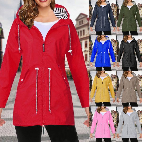 

women windproof long hooded jackets waist tightening with zip thin outwear multi color autumn winter coats sporting outdoor coat, Blue;black