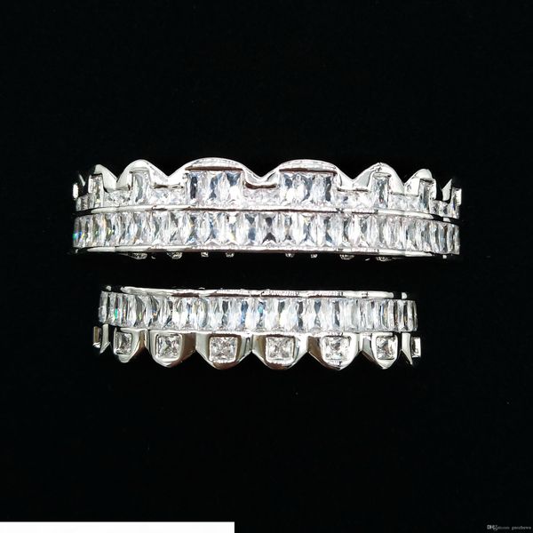 

personalized white gold cz cubic zirconia teeth grills hip hop vampire bling fang grillz iced out full diamond tooth cap mens & womens, Black