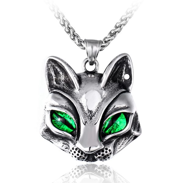 

cat head pendant necklace stainless steel trend men and women personality cat eye stone titanium steel pendant chain jewelry, Silver