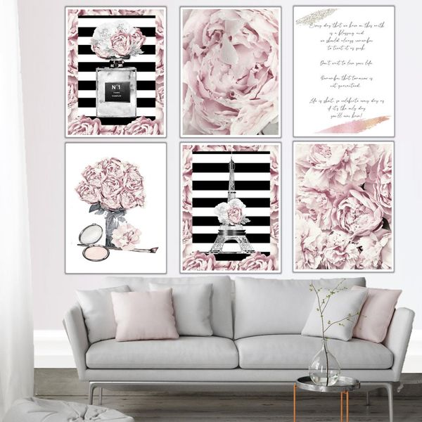 

big peony flower paris tower perfume wall art canvas painting nordic posters and prints wall pictures for living room wall decor