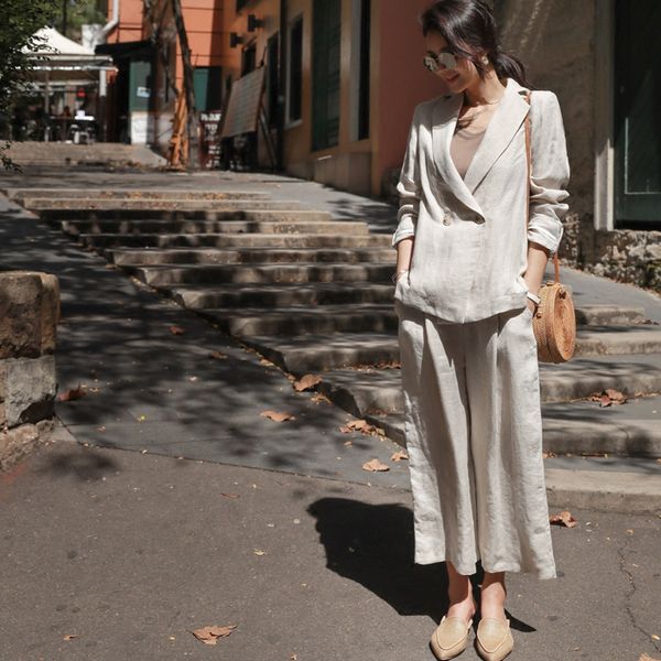 

women's two piece pants female cotton and linen suit loose casual blazer&wide-leg blazer set suits elegant woman lady office, White