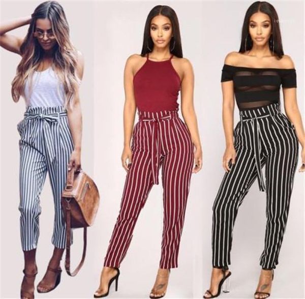 

pants slim drawstring striped women pants casual high waist loose capris trousers summer women, Black;white