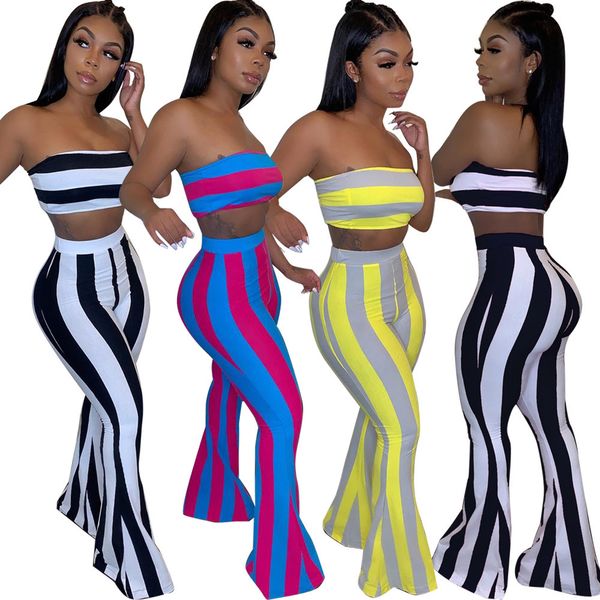 

designer women 2 piece summer outfits club festival clothing striped crop flare long pants birthday matching suits, Gray