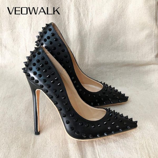 

veowalk black matte women full punk rivets pointed toe high heels ladies spikes stilettos pumps woman club party shoes