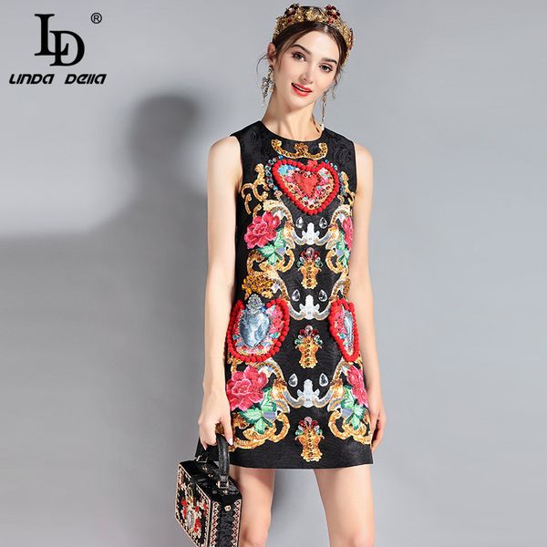 

ld linda della 2020 fashion runway dress women's sleeveless luxury crystal beading vintage summer dress high quality, White;black