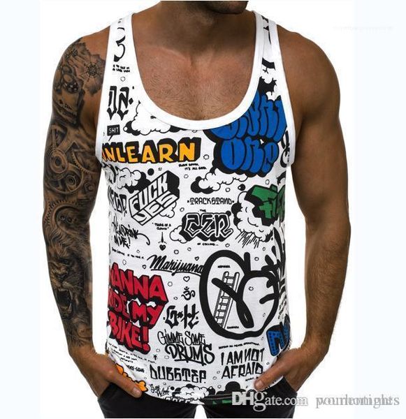 

vest loose casual quick dry clothing mens summer letter print sleeveless tshirts crew neck fashion hip hop style, White;black