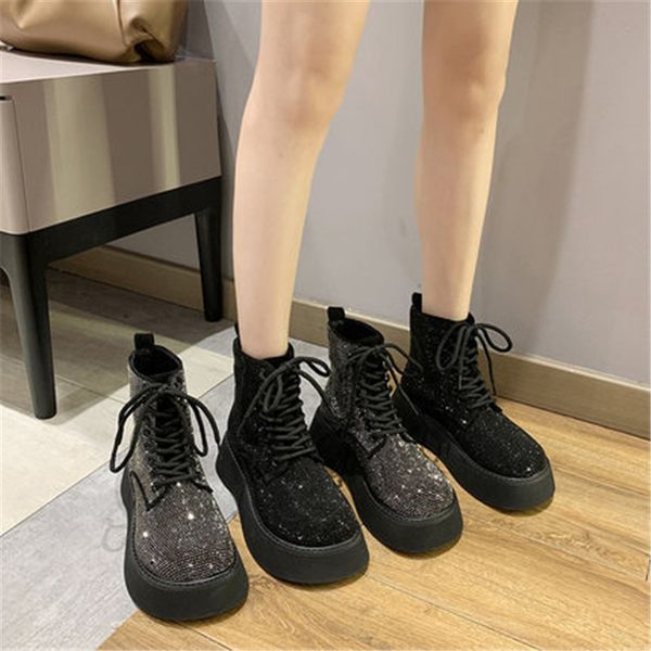 

новый punk gothic style зашнуровать платформы ботильоны bling rhinestone женщин пинетки campus сладкие студенческие обувь mujer zapatos черн, Black