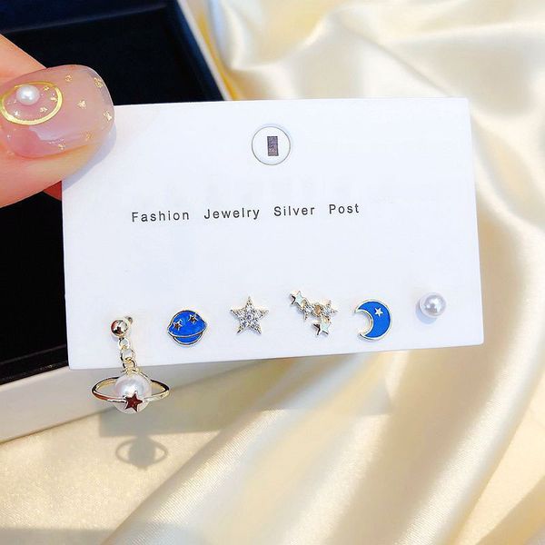 

2020 fancy design blue universe moon star stud earrings set fashion pearl zircon earring for girls 6-piece set s-e1143, Golden;silver
