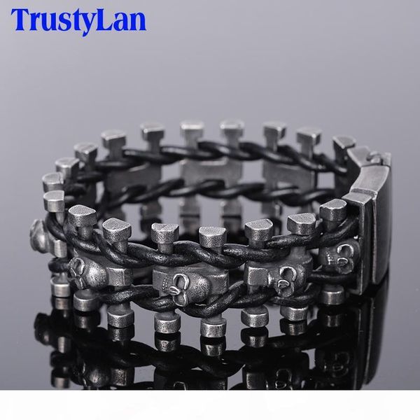 

trustylan retro black stainless steel skull men's bracelet for men punk rock chain leather bracelets hip-hop armband jewelry j190625, Golden;silver