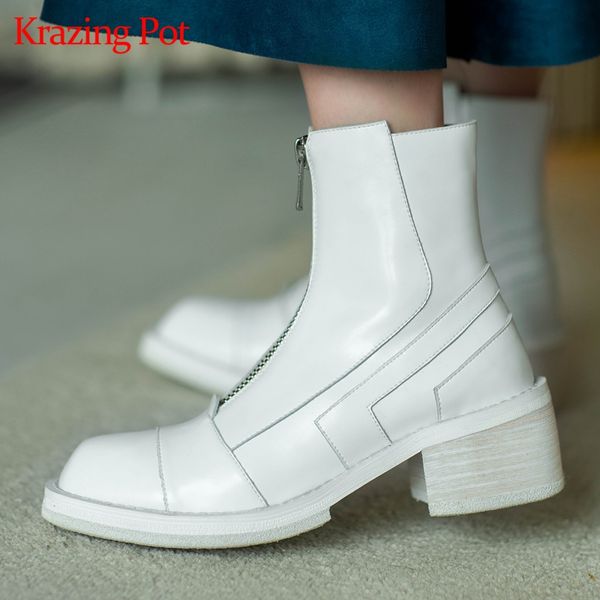 

krazing pot new cow leather thick high heel luxury fairy round toe keep warm front zipper handmade college style ankle boots l84, Black