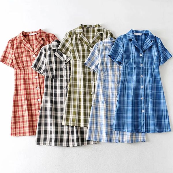 

Fashion Cute Girls Dress Retro Plaid Suit Collar Slim Dress 2020 Summer New Arrival A-line women Dress 5 Colors Size S M L