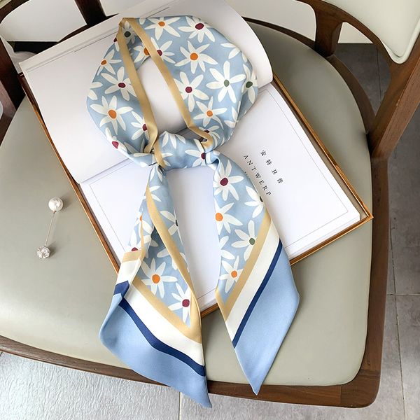 

lady accessories silk hair scarves neckerchief women handle bag ribbon tie elegant floral long skinny head scarves foulard, Blue;gray