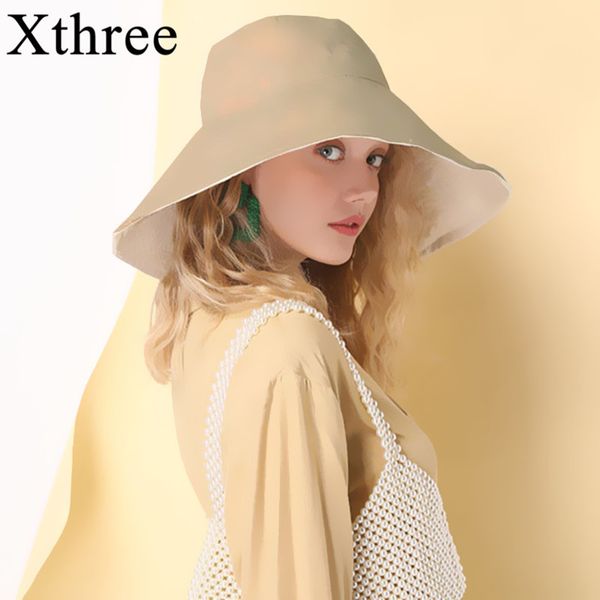 

xthree new cotton women bucket hat summer beach hat bowknot wide large brim sun travel outdoor reversible foldable cap, Blue;gray